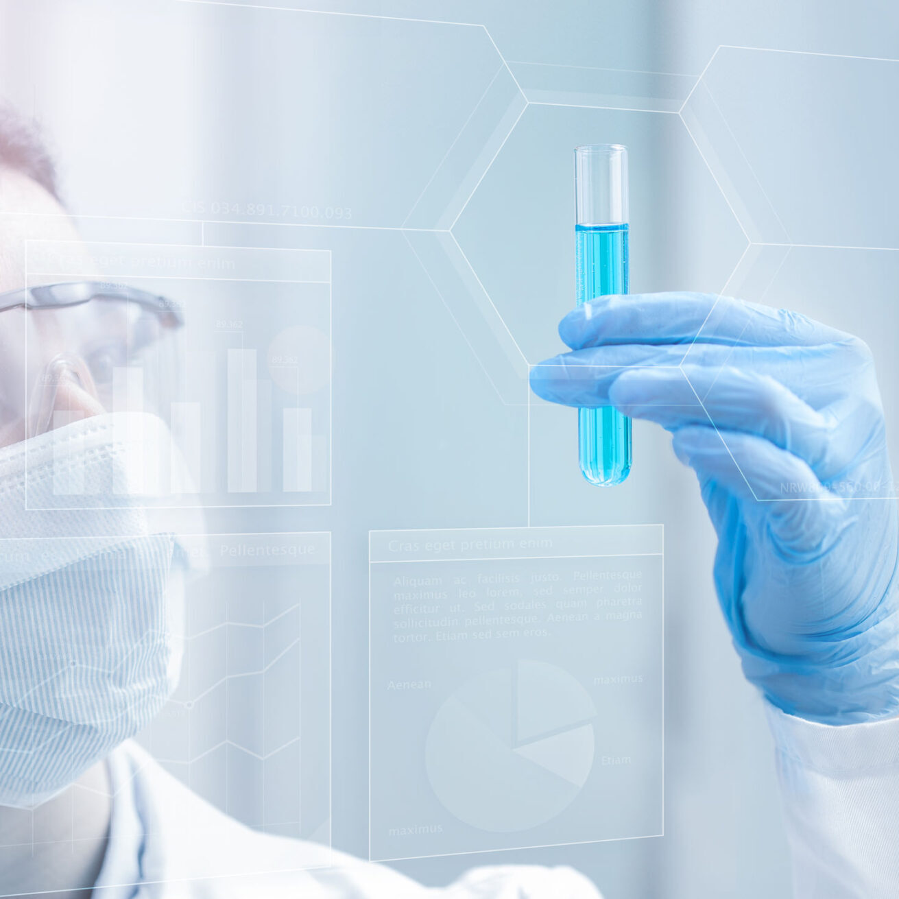 woman chemist holding a test tube in light blue background